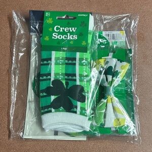 St. Patrick’s Day Bundle. Crew Socks, Bow Tie, Glitter cutouts, & Stickers